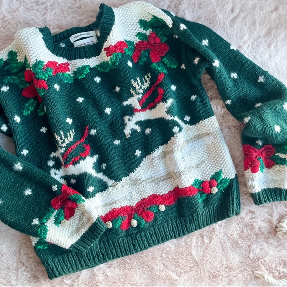 Knit Pull Over Ugly Christmas sweater Holiday Party, Reindeer Red, Green, White - Picture 1 of 13